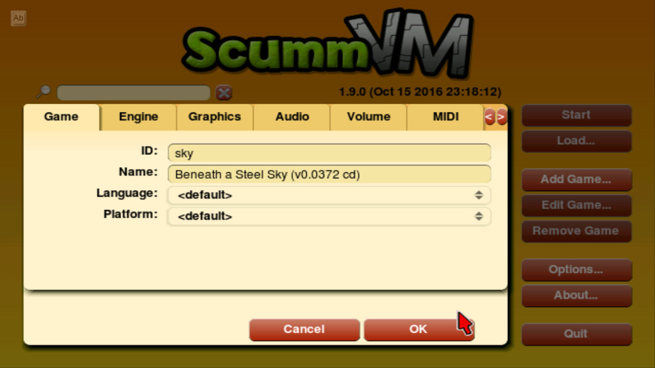 Dodatkowe ustawienia dodawanej gry w ScummVM