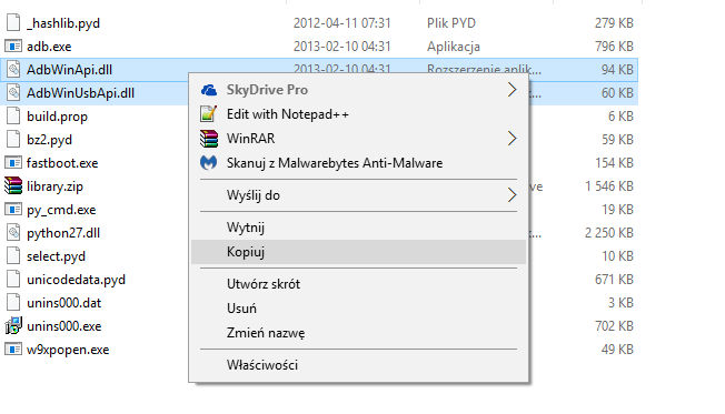 Skopiuj pliki DLL od ADB/Fastboot