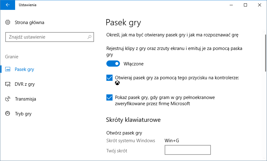 Ustawienia gier w Windows 10