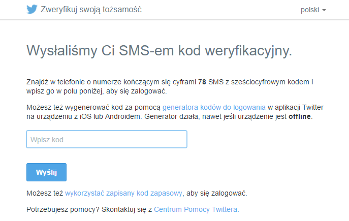 Wpisywanie kodu weryfikacyjnego na Twitterze