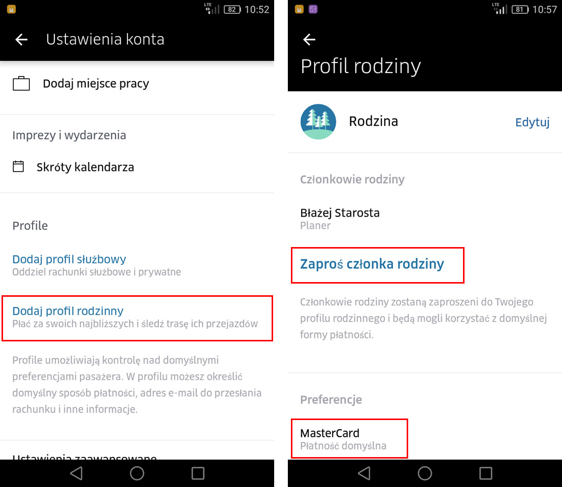 Tworzenie profilu rodzinnego w UBER
