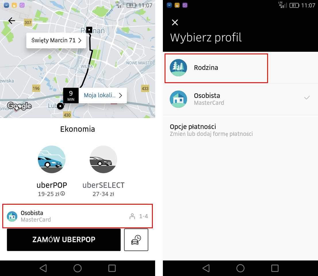 Wybór sposobu płatności dla zamawianego przejazdu w UBER