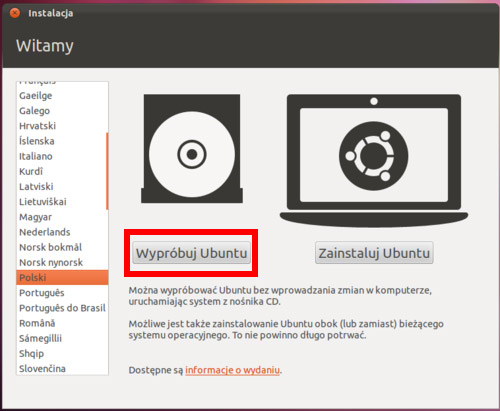 Wybierz opcję Wypróbuj Ubuntu