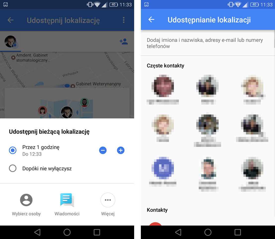 Wybierz, komu udostępnić lokalizację