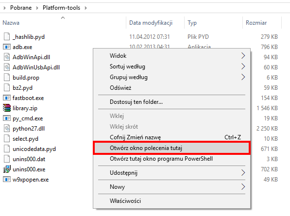 Otwórz okno polecenia w folderze platform-tools