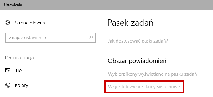 Wejdź do opcji wyświetlania ikon systemowych na pasku zadań