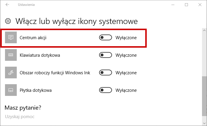 Wyłącz Centrum Akcji w Windows 10