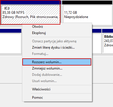 Rozszerz wolumin C, aby wchłonąć wolną przestrzeń
