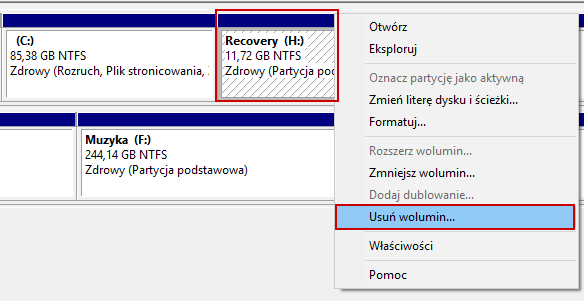 Usuwanie woluminu z Recovery