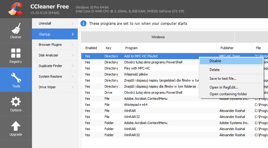 Wyłączanie wpisów z menu kontekstowego w CCleaner