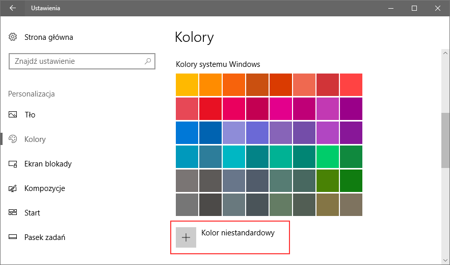 Personalizacja Windows 10 - kolor niestandardowy