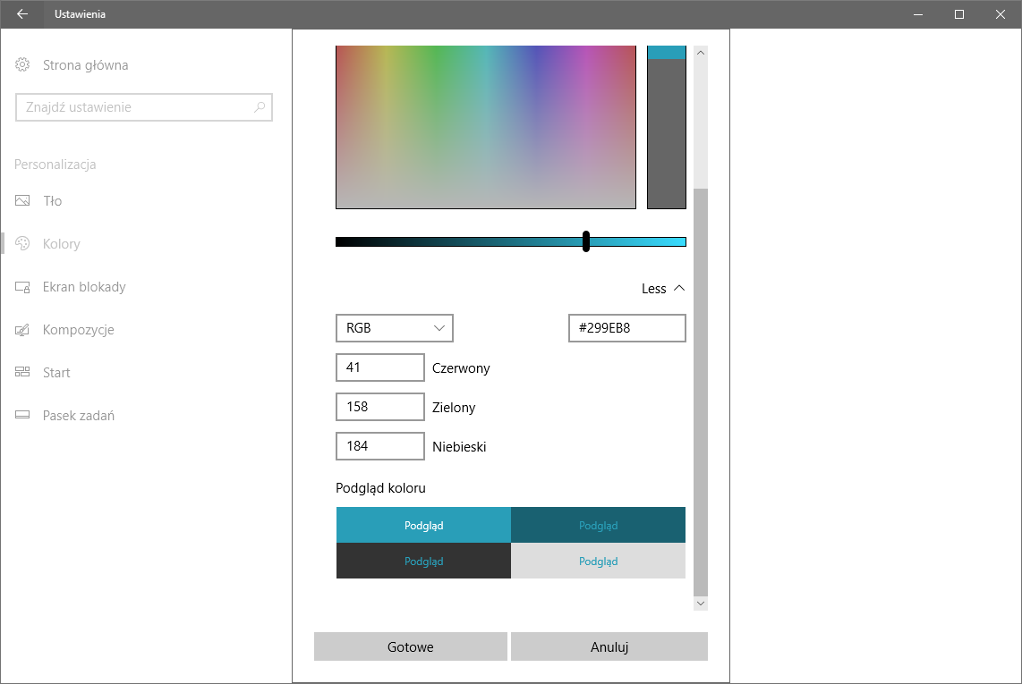 Szczegółowe ustawienia koloru wiodącego w Windows 10