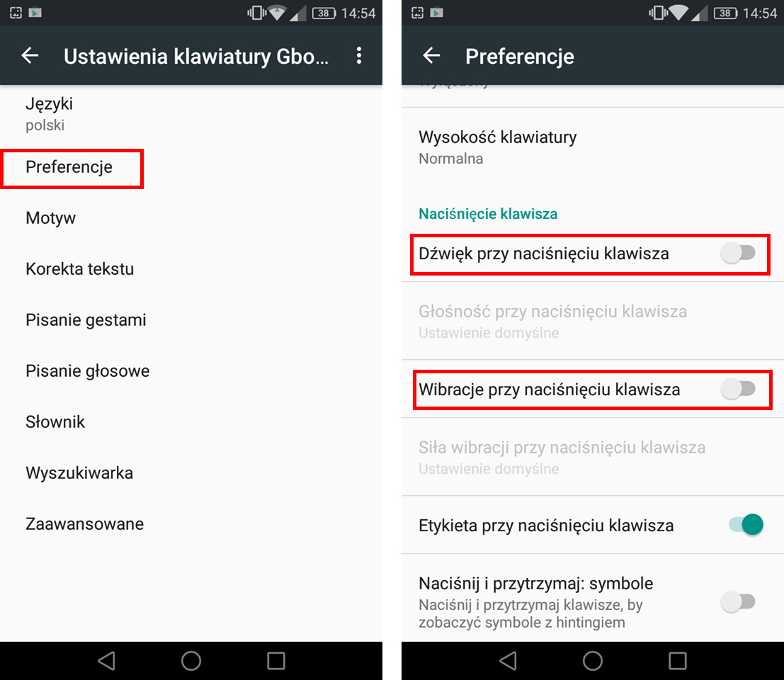 Wyłączanie dźwięków klawiatury i wibracji w Gboard