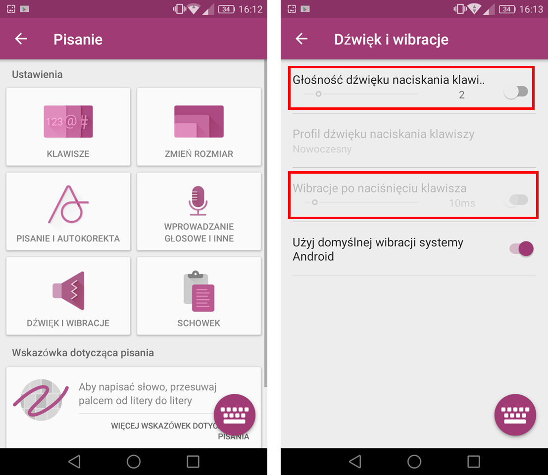 Ustawienia pisania i dźwięków klawiatury SwiftKey