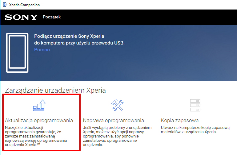 Aktualizacja przez Xperia Companion