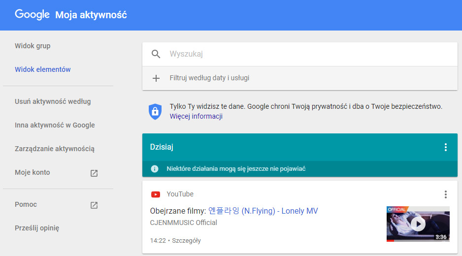 YouTube - zakładka "Moja aktywność"