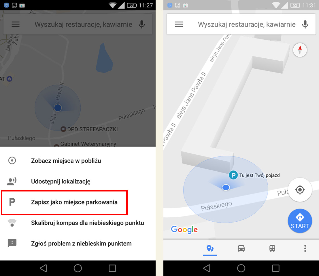 Zapisz miejsce parkowania w Mapach Google