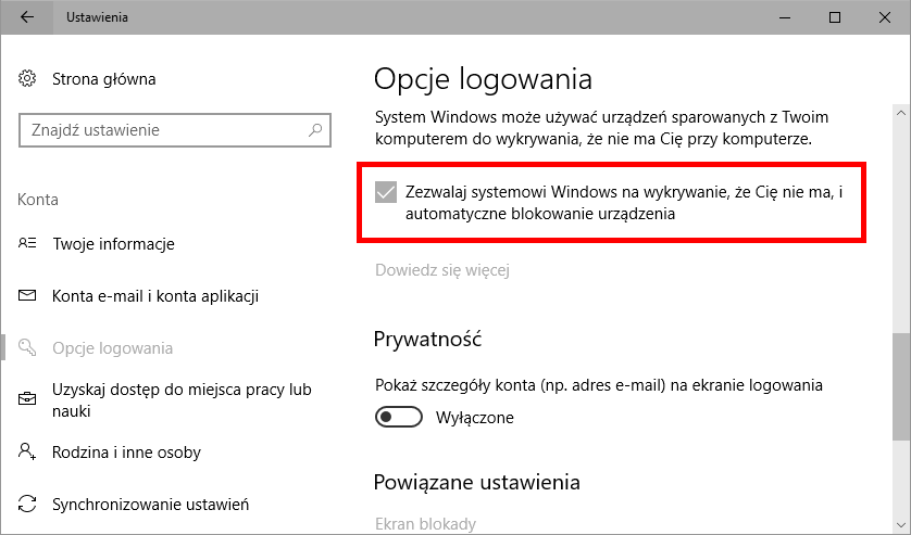 Włącz blokowanie dynamiczne w Windows 10