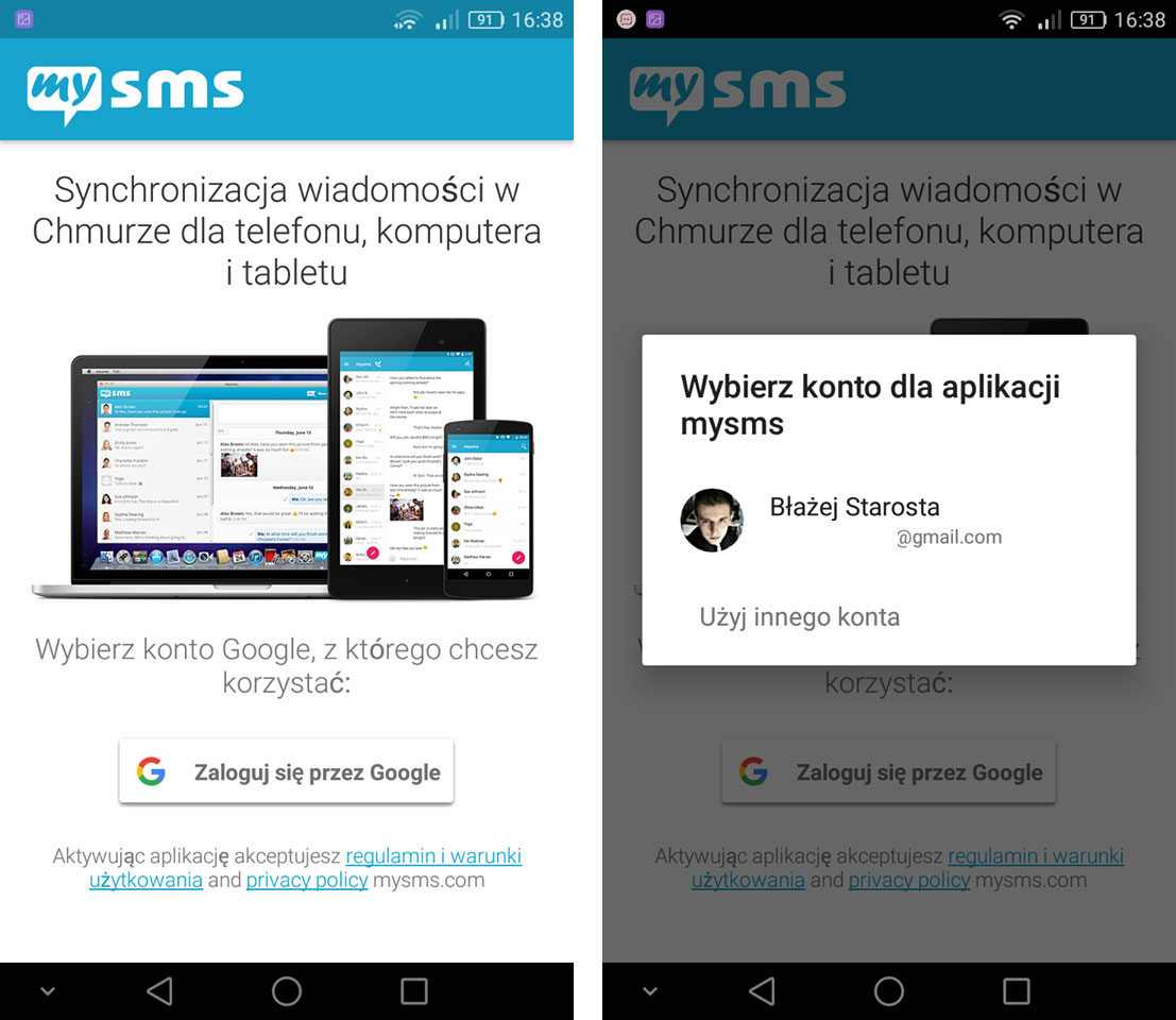 Rejestracja w MySMS przez konto Google