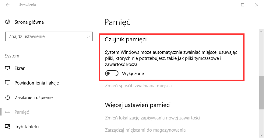 Wyłącz czujnik pamięci w Windows 10