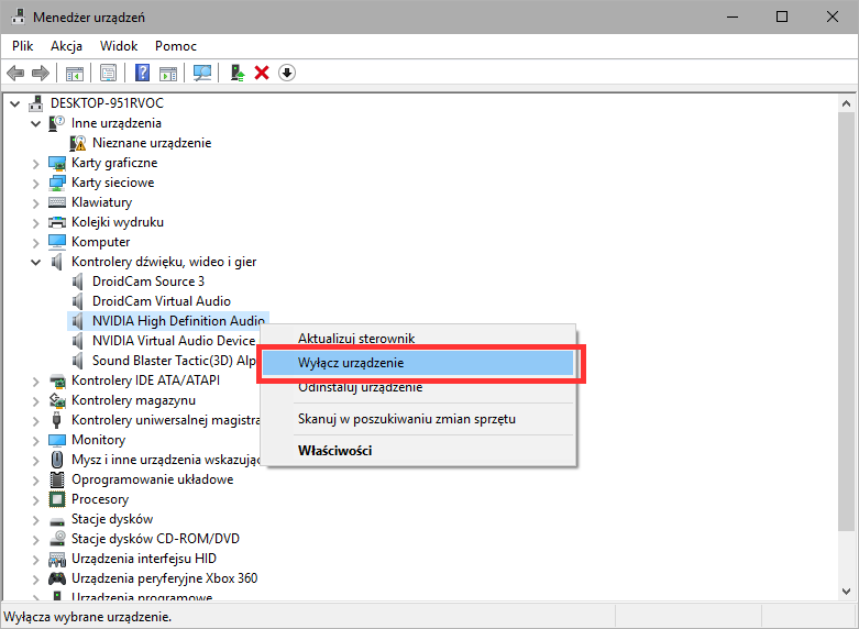 Wyłącz urządzenia NVIDIA High Definition Audio