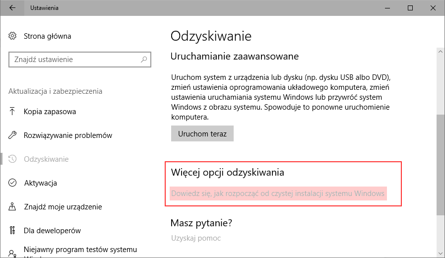 Więcej opcji odzyskiwania Windows 10 - funkcja 