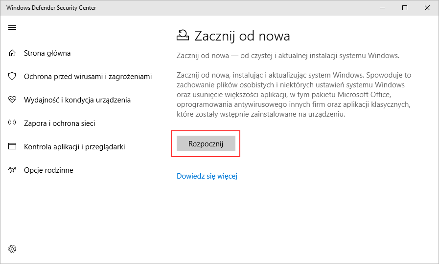 Rozpocznij przeinstalowywanie Windows 10 z funkcją 