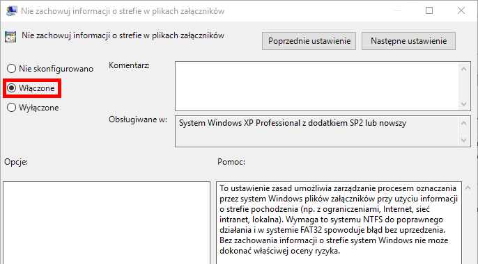 Włącz regułę, która nie zachowuje informacji o strefie w plikach załączników