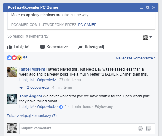 Przykładowa karta z postem na Facebooku