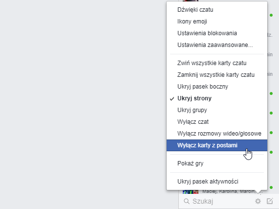 Wyłączanie kart z postami na Facebooku