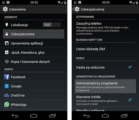 Ustawienia - administratorzy urządzenia w Androidzie
