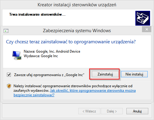 Potwierdzenie instalacji sterowników 