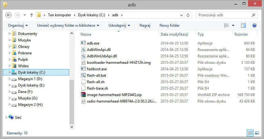 Rozpakowany Android M w katalogu ADB
