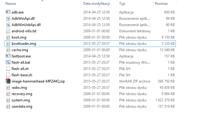 Wypakowane pliki Androida M gotowe do instalacji