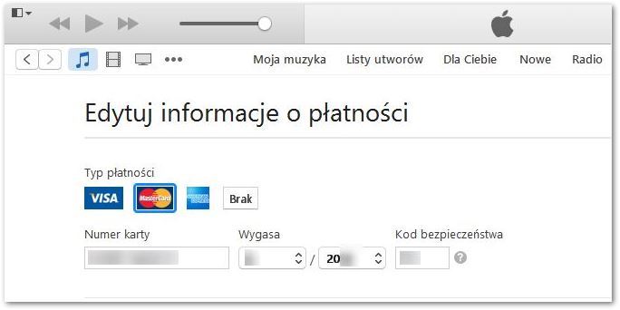 Wprowadzanie metody płatności do konta Apple ID