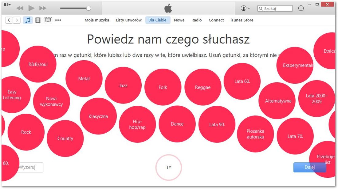 Ustawienia gustów muzycznych w Apple Music