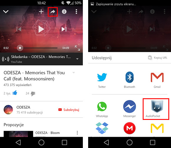 YouTube - udostępnianie utworu do AudioPocket