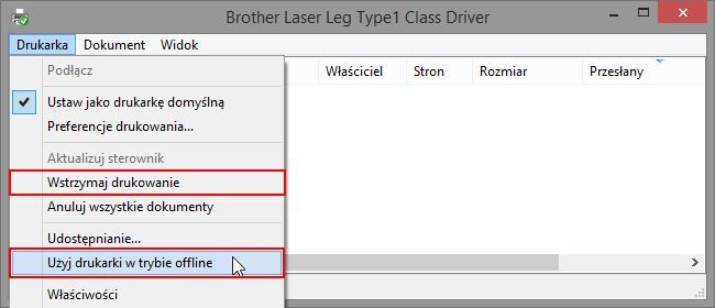 Opcje drukarki - tryb offline i opcja wstrzymania