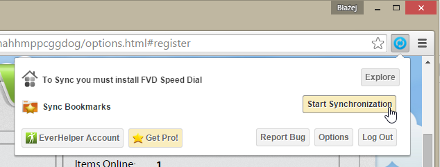 Eversync w Chrome - rejestracja i uruchomienie synchronizacji