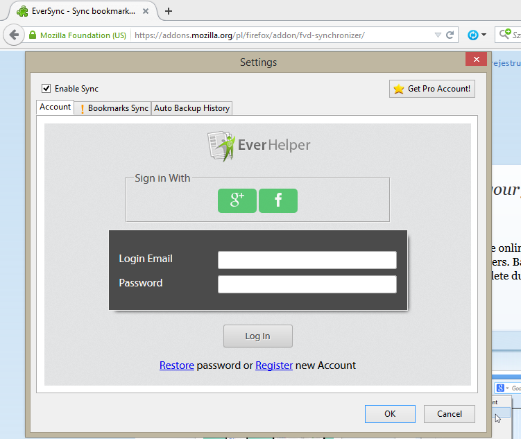 Eversync w Firefox - logowanie