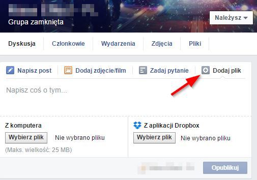 Facebook - dodawanie plików do grupy