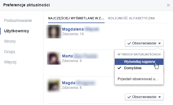 Preferencje aktualności na Facebooku