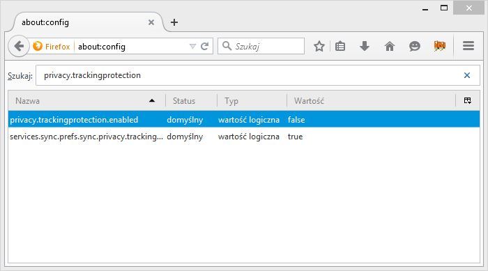 Opcja blokowania w about:config - Firefox