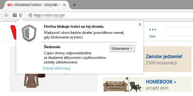 Komunikat o blokadzie śledzenia na stronie - Firefox