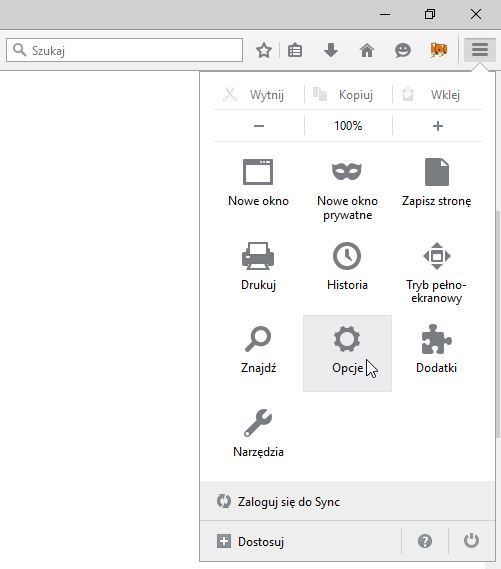 Menu opcji w Firefox