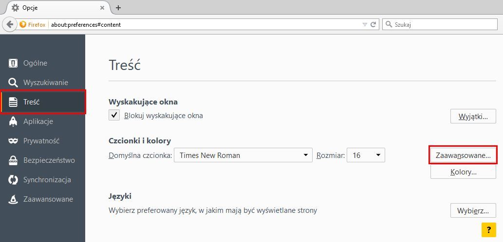 Firefox - ustawienia treści