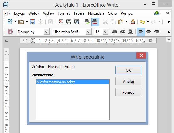 LibreOffice Writer - wklejanie niesformatowanego tekstu