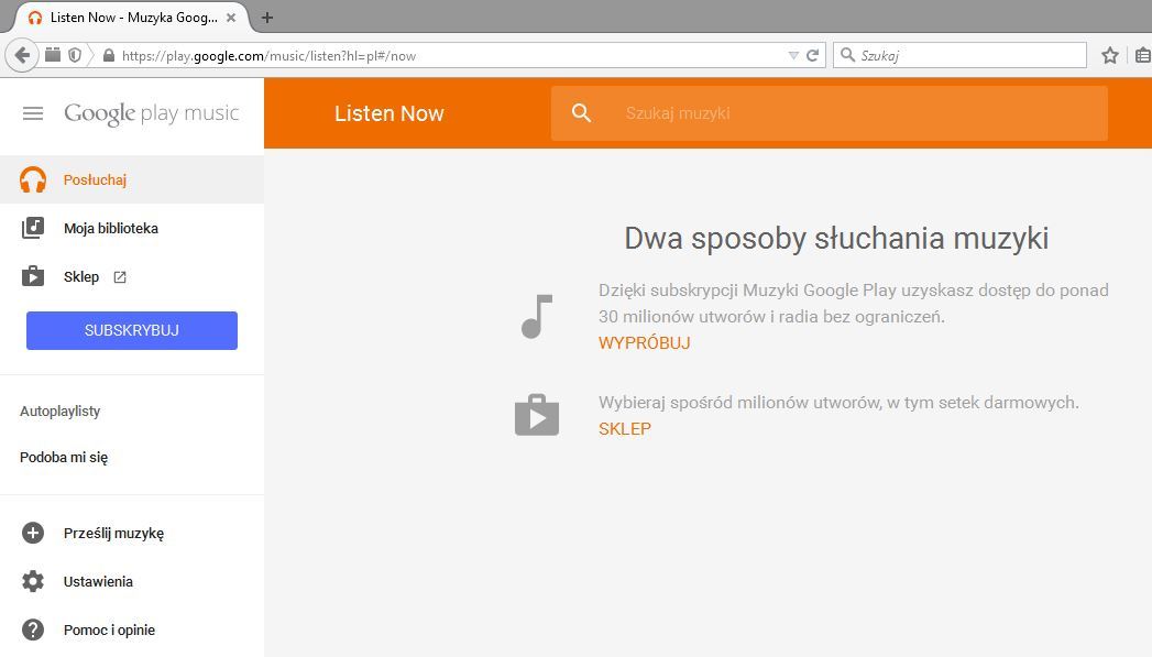 Główny ekran darmowej Muzyki Google