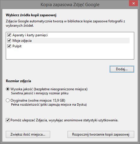 Ustawienia źródeł kopii zapasowej Zdjęć Google