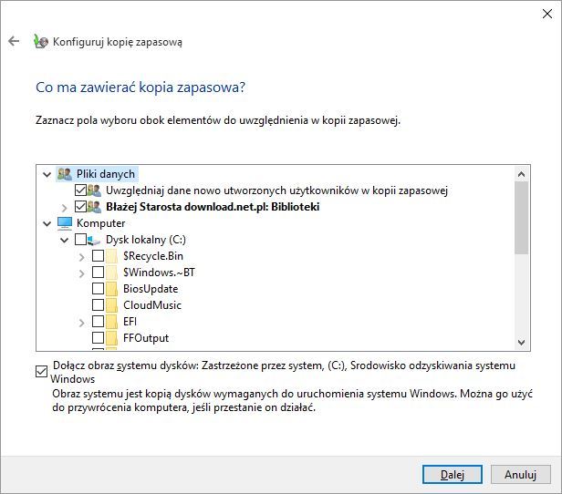 Kopia zapasowa - wybór danych do skopiowania